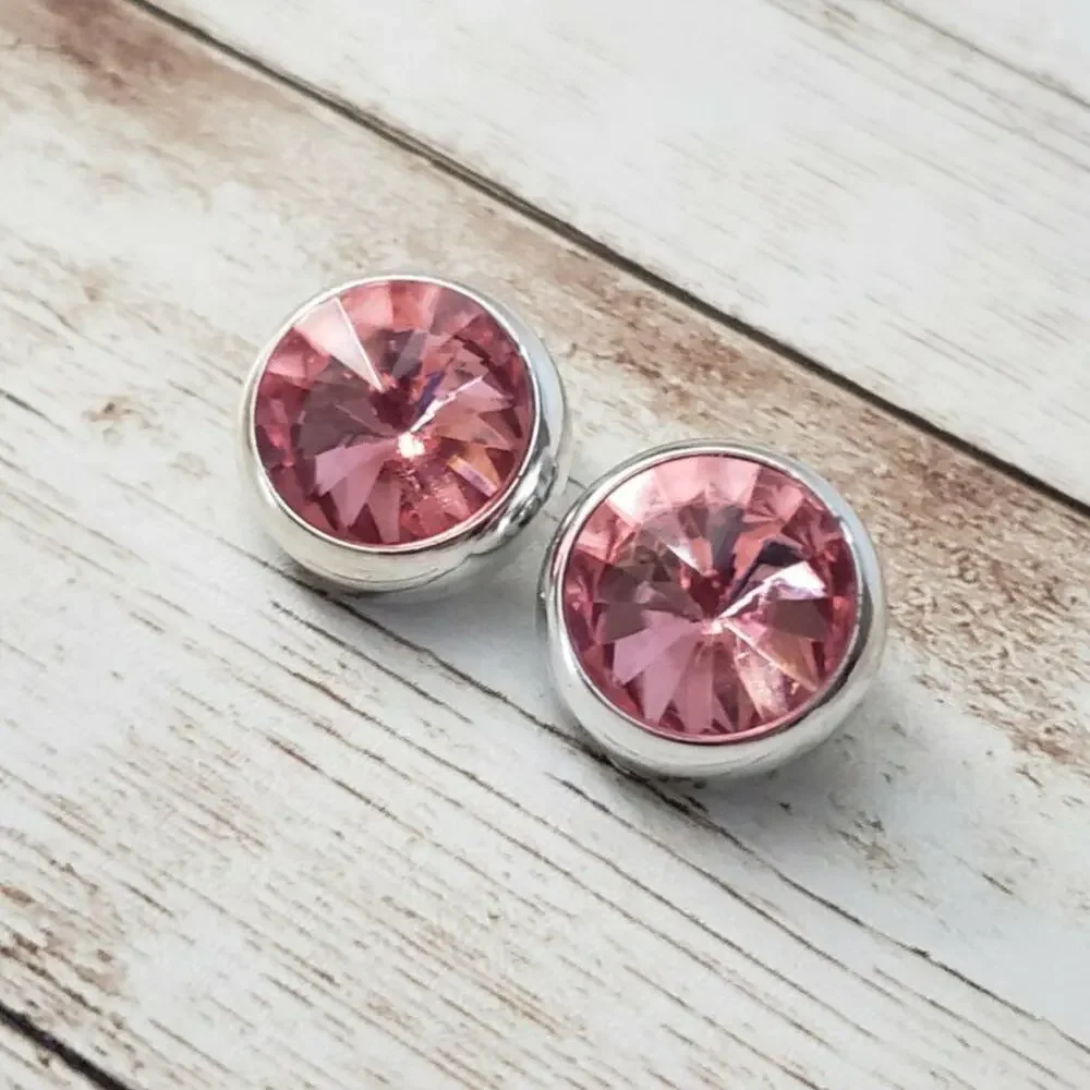 Vintage Clip On Earrings - Pink Faceted Gem with Silver Tone Halo